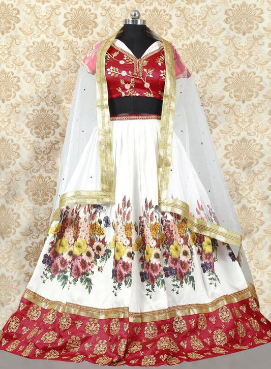 white banglory silk printed and embroidered lehenga