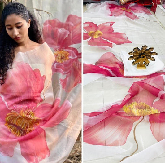 White big flower printed organza saree