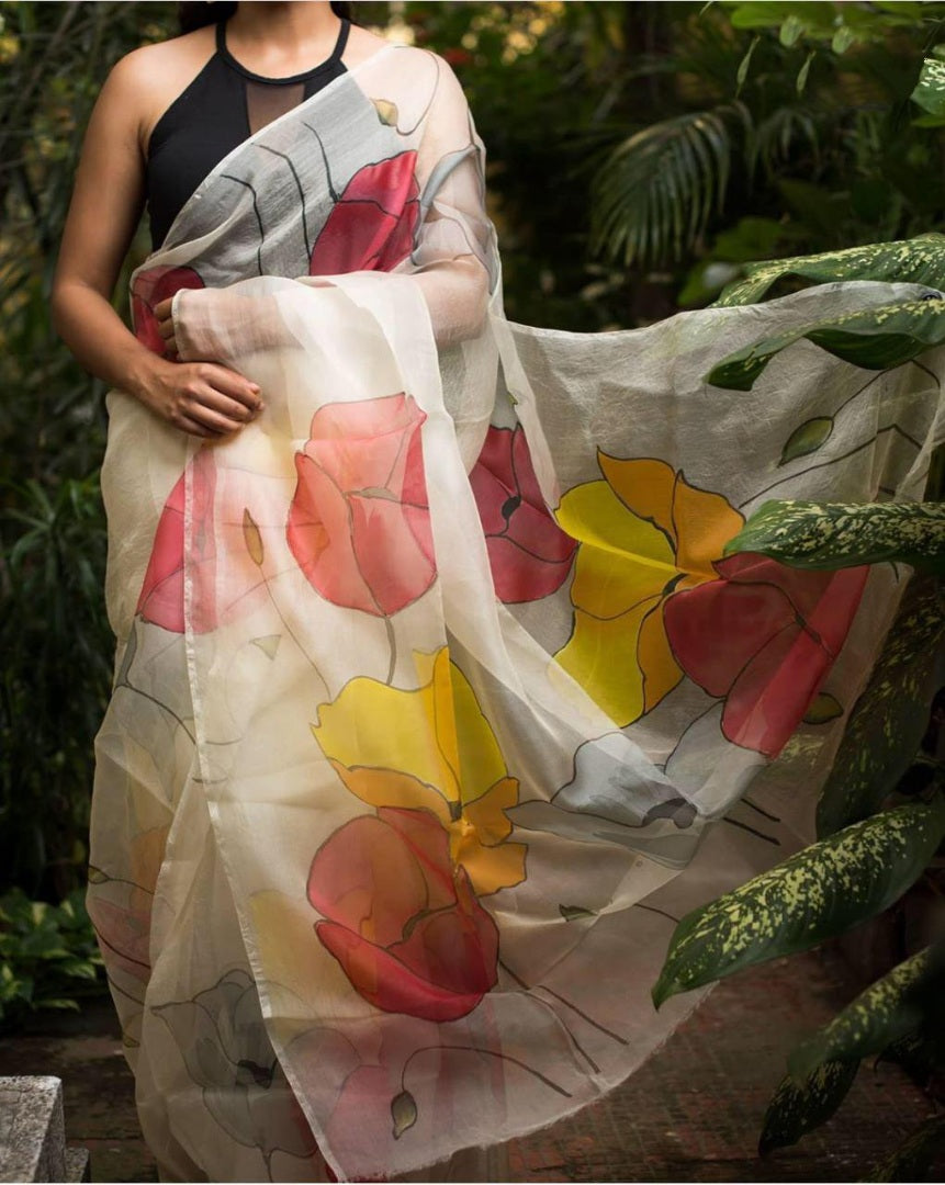 White big flower printed organza saree