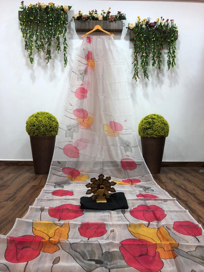 White big flower printed organza saree