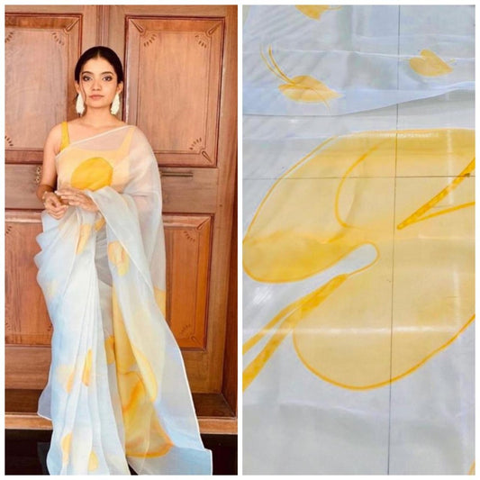 White big yellow leaf printed organza saree