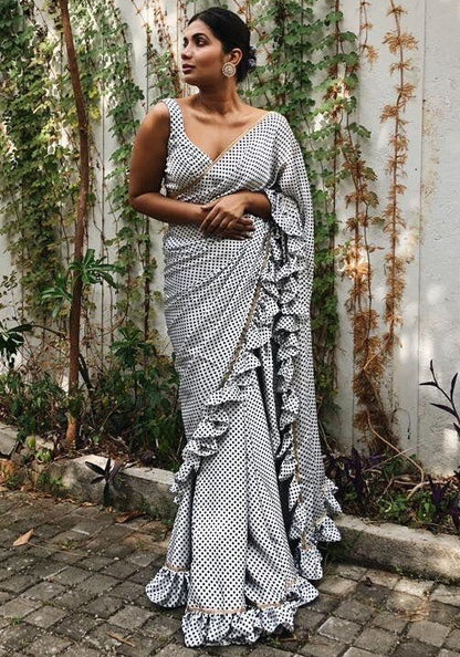 white black dot printed american crepe ruffle saree