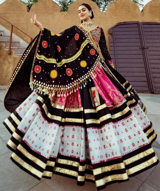 White black printed and mirror work gujarati garba navratri lehenga chaniya choli