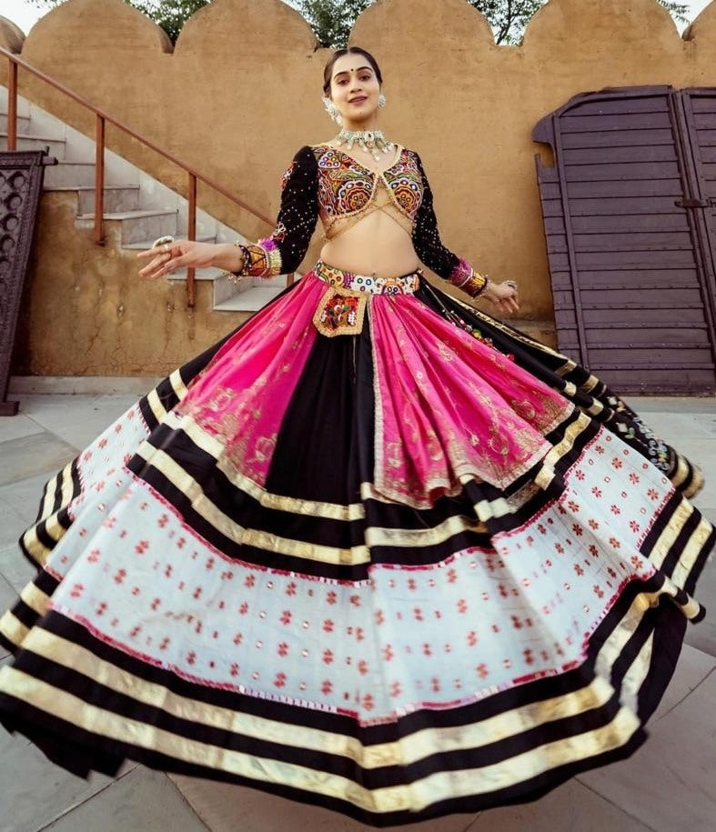 White black printed and mirror work gujarati garba navratri lehenga chaniya choli