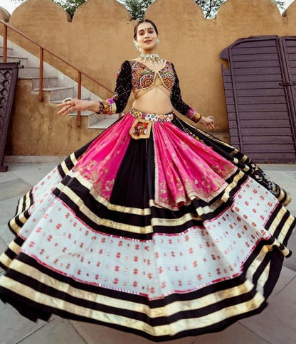 White black printed and mirror work gujarati garba navratri lehenga chaniya choli