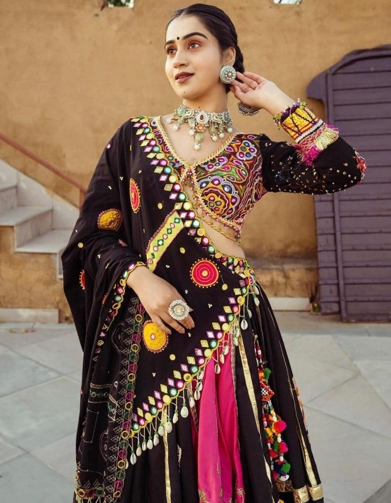 White black printed and mirror work gujarati garba navratri lehenga chaniya choli
