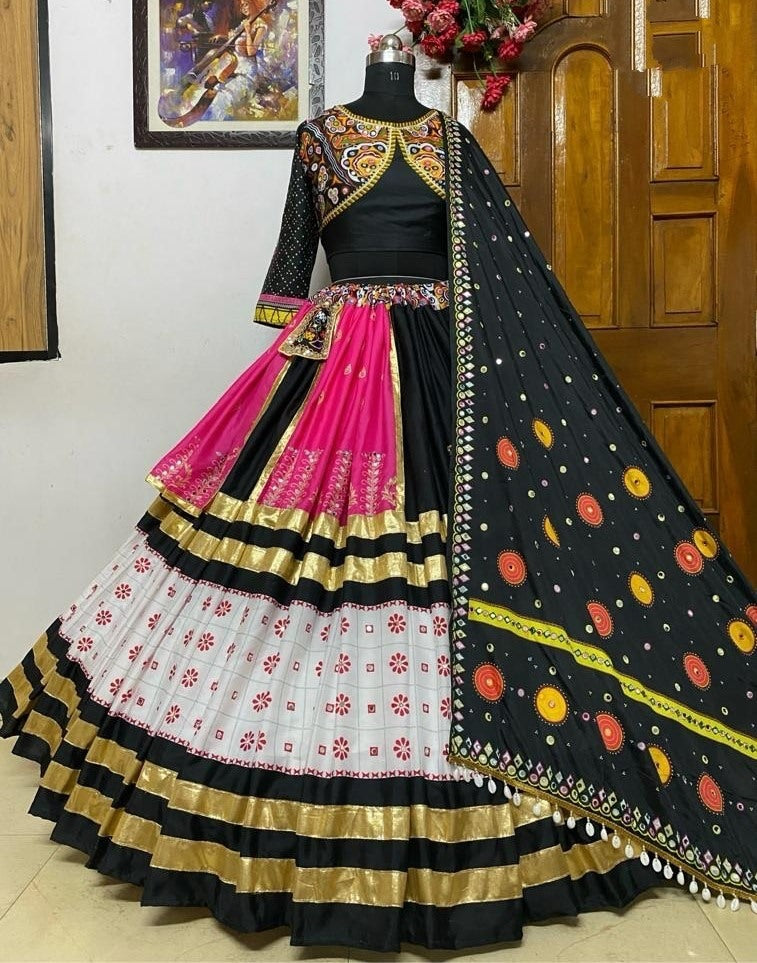 White black printed and mirror work gujarati garba navratri lehenga chaniya choli