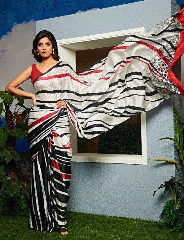 white black printed strip ultra satin saree