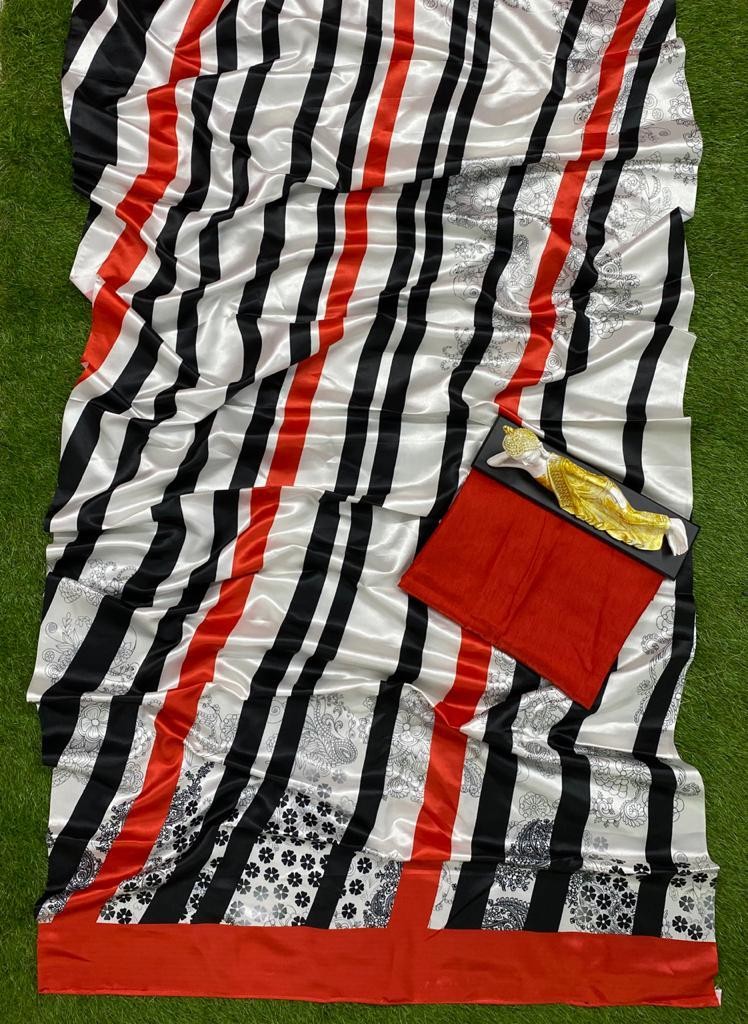 white black printed strip ultra satin saree
