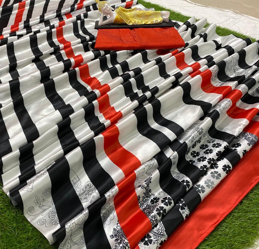 white black printed strip ultra satin saree