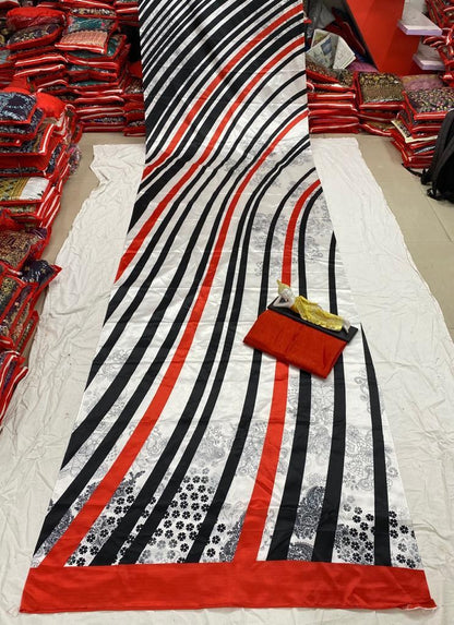 white black printed strip ultra satin saree