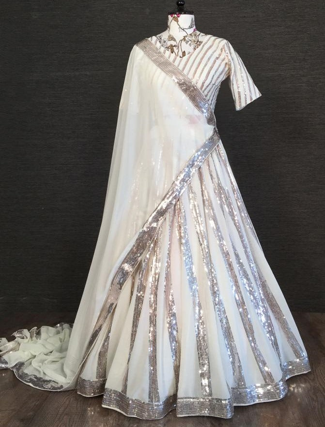 White blooming georgette sequence embroidered lehenga choli