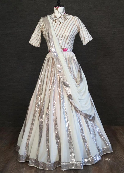 White blooming georgette sequence embroidered lehenga choli