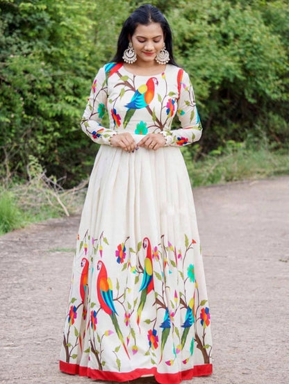 White butter silk digital bird printed gown