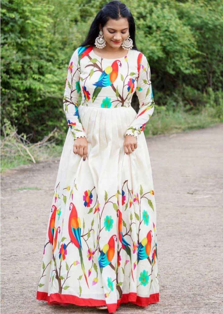 White butter silk digital bird printed gown