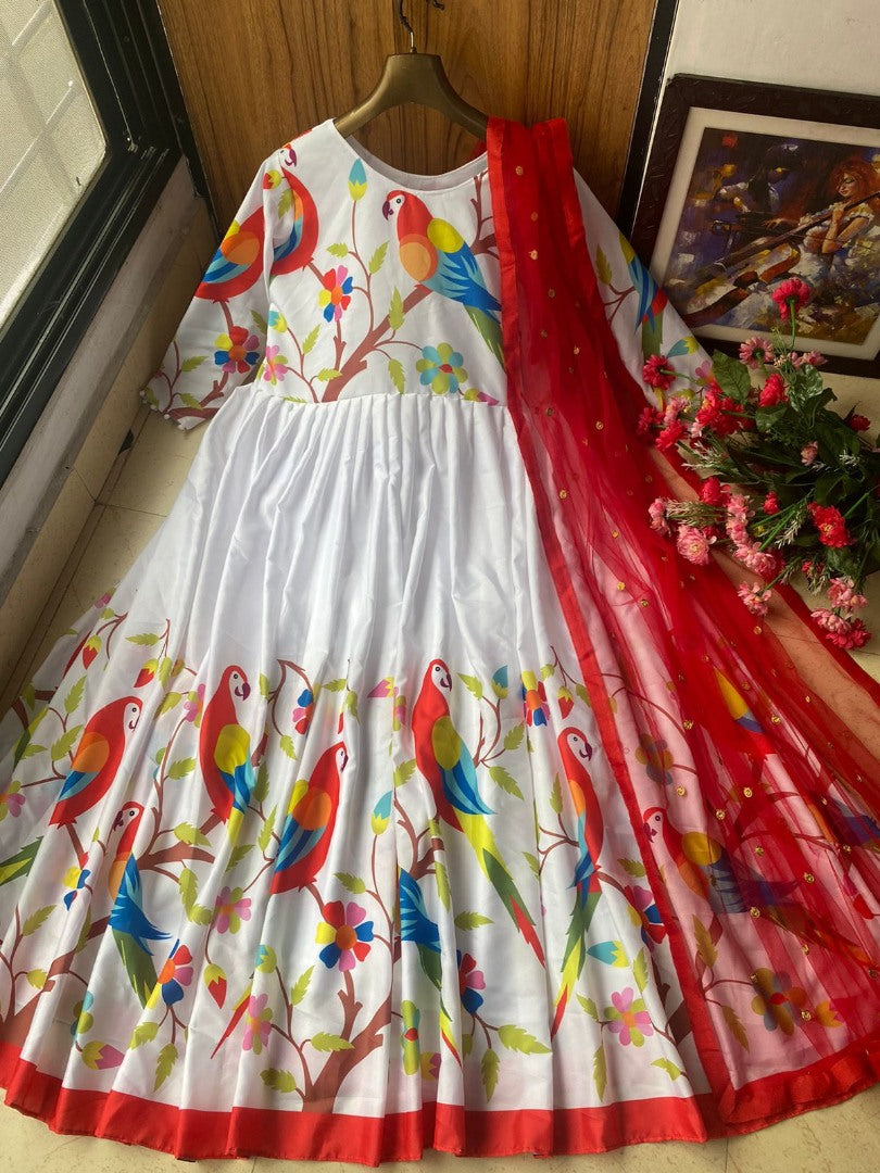 White butter silk digital bird printed gown