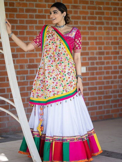 White butter silk digital print and mirror work navratri festival chaniya choli