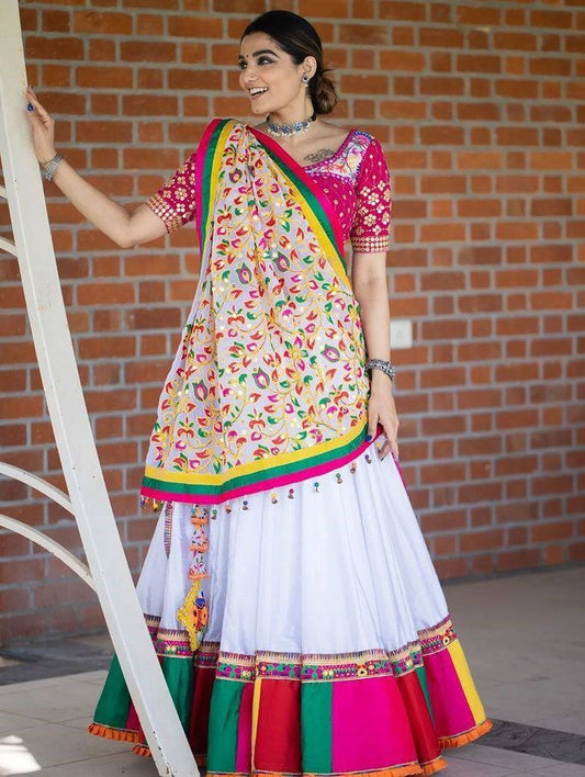 White butter silk digital print and mirror work navratri festival chaniya choli