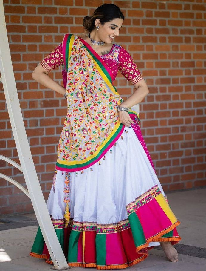 White butter silk digital print and mirror work navratri festival chaniya choli