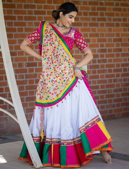 White butter silk digital print and mirror work navratri festival chaniya choli