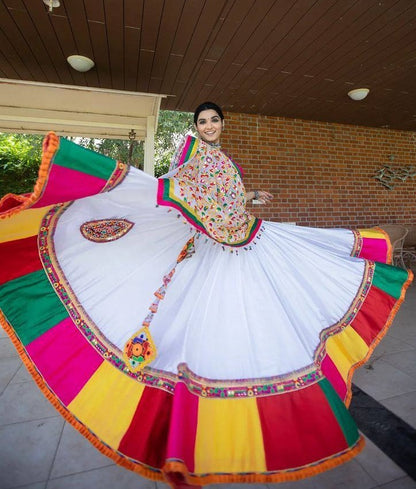 White butter silk digital print and mirror work navratri festival chaniya choli