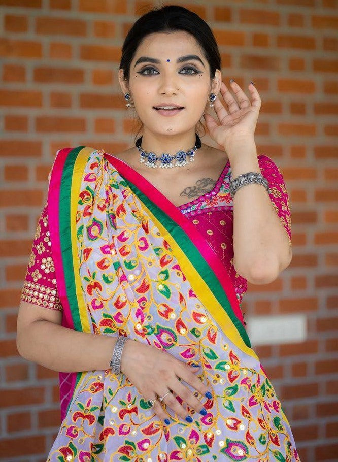 White butter silk digital print and mirror work navratri festival chaniya choli