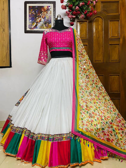 White butter silk digital print and mirror work navratri festival chaniya choli