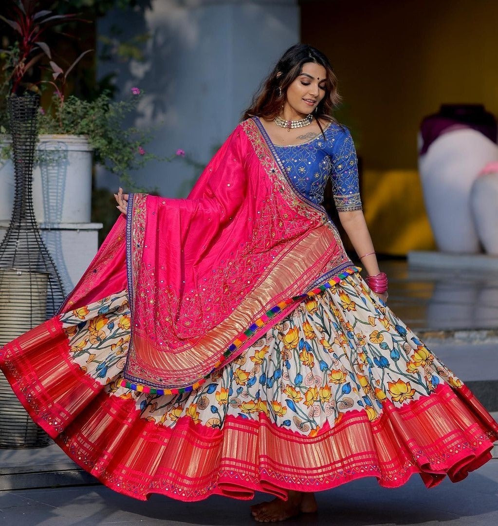 White butter silk digital printed mirror work lehenga choli