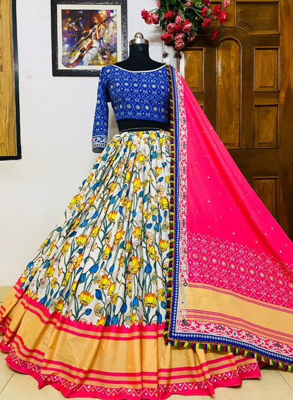 White butter silk digital printed mirror work lehenga choli