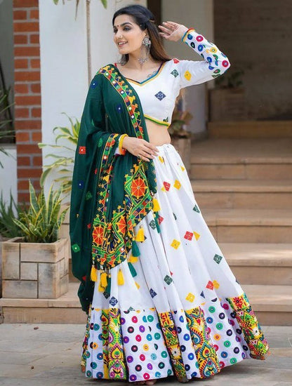 White butter silk digital printed mirror work navratri festival chaniya choli