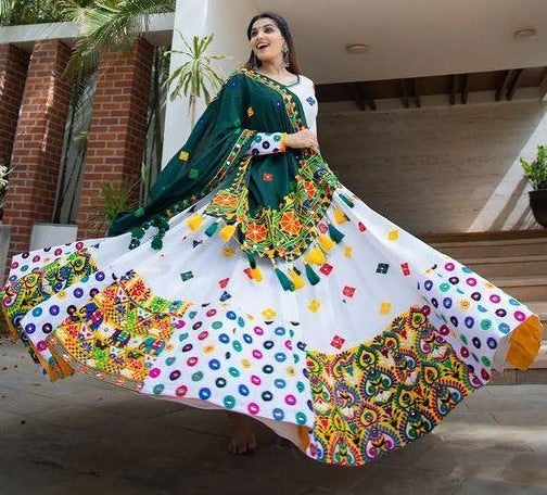 White butter silk digital printed mirror work navratri festival chaniya choli