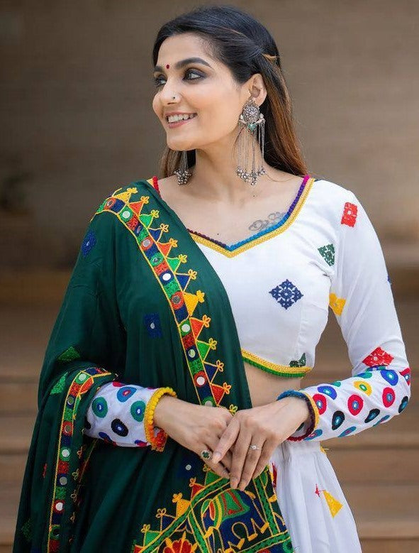 White butter silk digital printed mirror work navratri festival chaniya choli