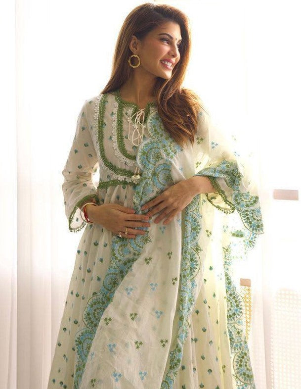 White butter silk embroidered anarkali suit