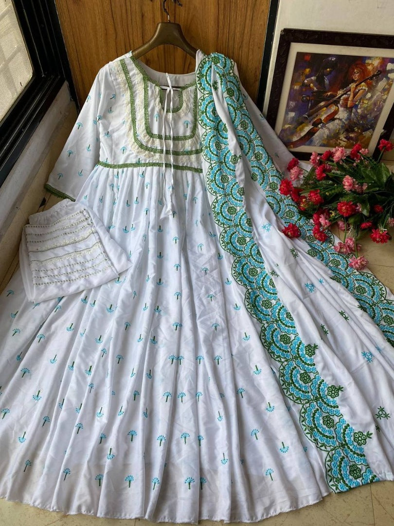 White butter silk embroidered anarkali suit