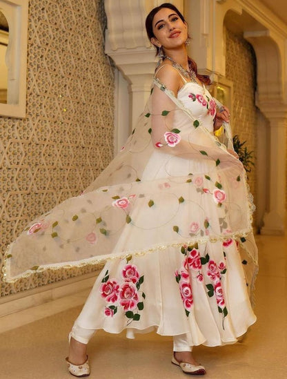 White butter silk floral printed ethnic gown