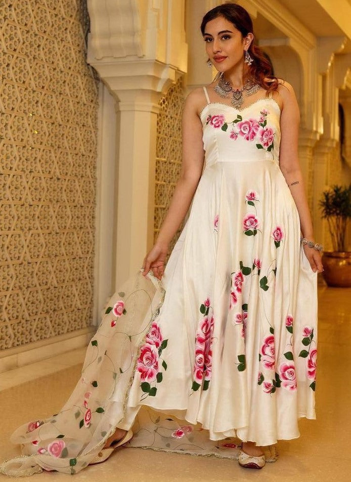 White butter silk floral printed ethnic gown