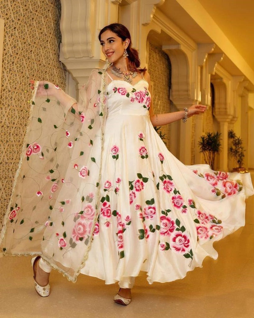 White butter silk floral printed ethnic gown