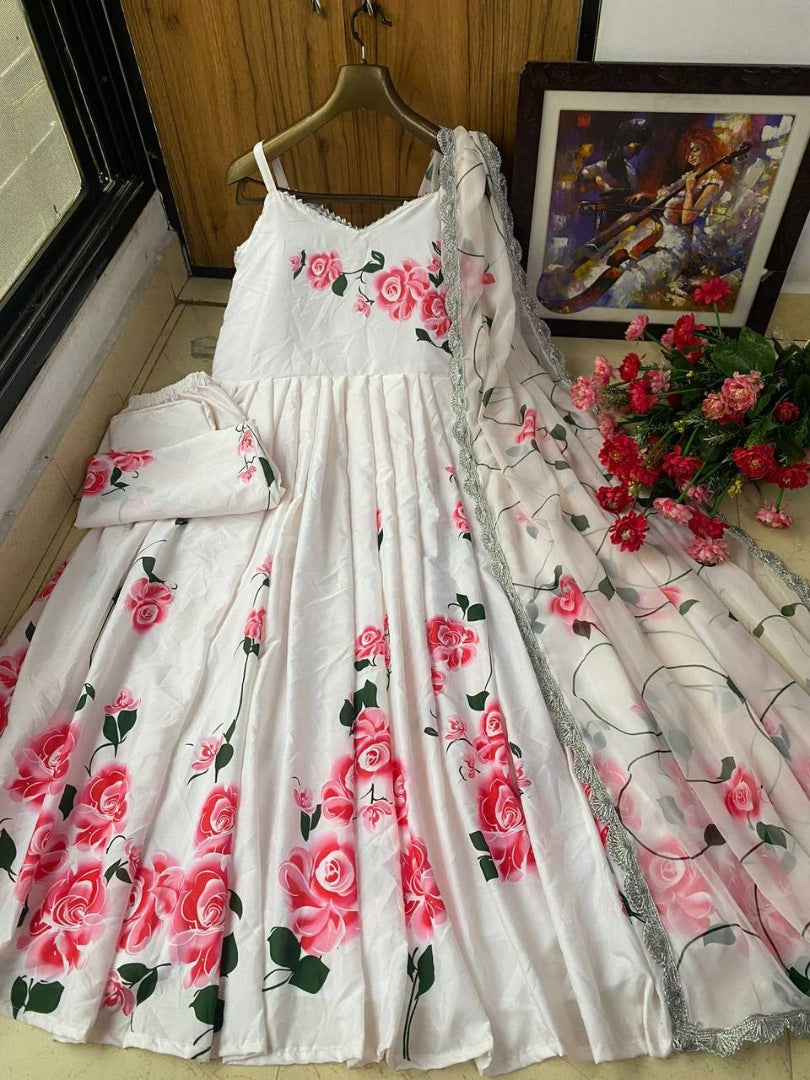 White butter silk floral printed ethnic gown