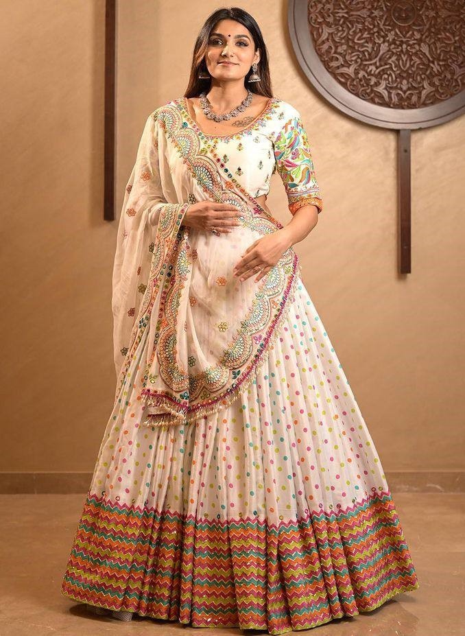 White butter silk print and mirror work navratri festival lehenga choli