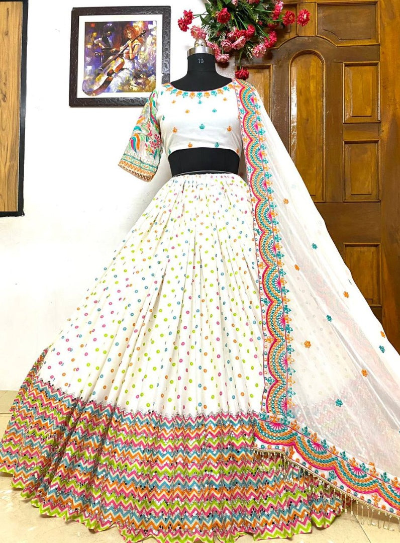 White butter silk print and mirror work navratri festival lehenga choli