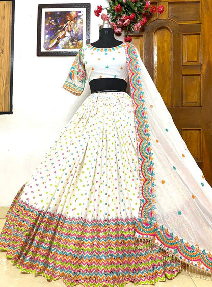 White butter silk print and mirror work navratri festival lehenga choli