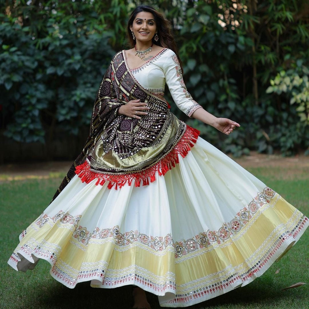 White butter silk printed and mirror work lehenga choli