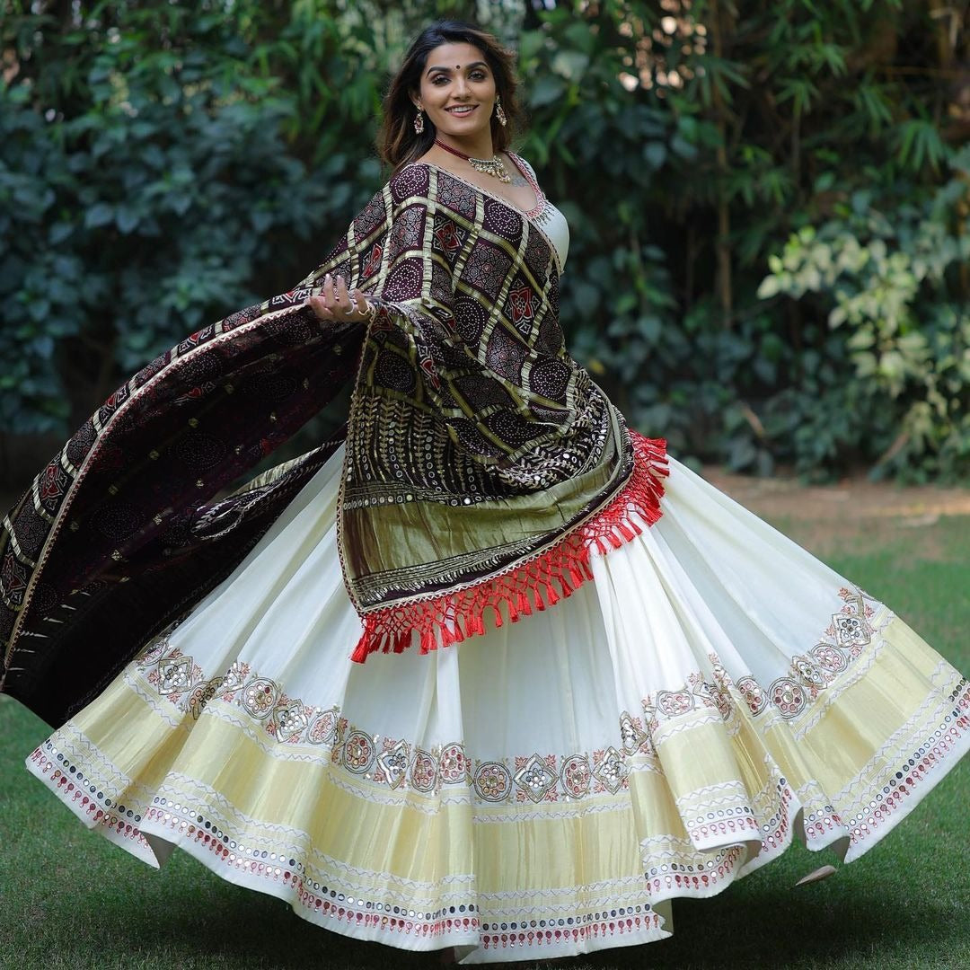 White butter silk printed and mirror work lehenga choli
