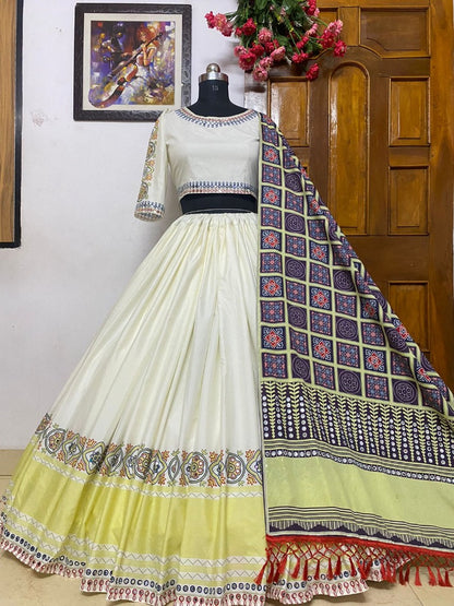 White butter silk printed and mirror work lehenga choli