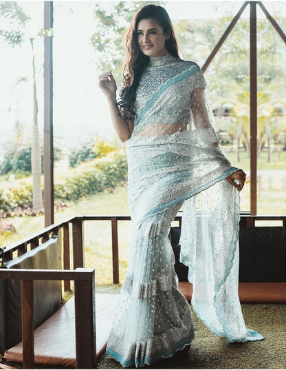 White butterfly net heavy embroidered beautiful partywear saree