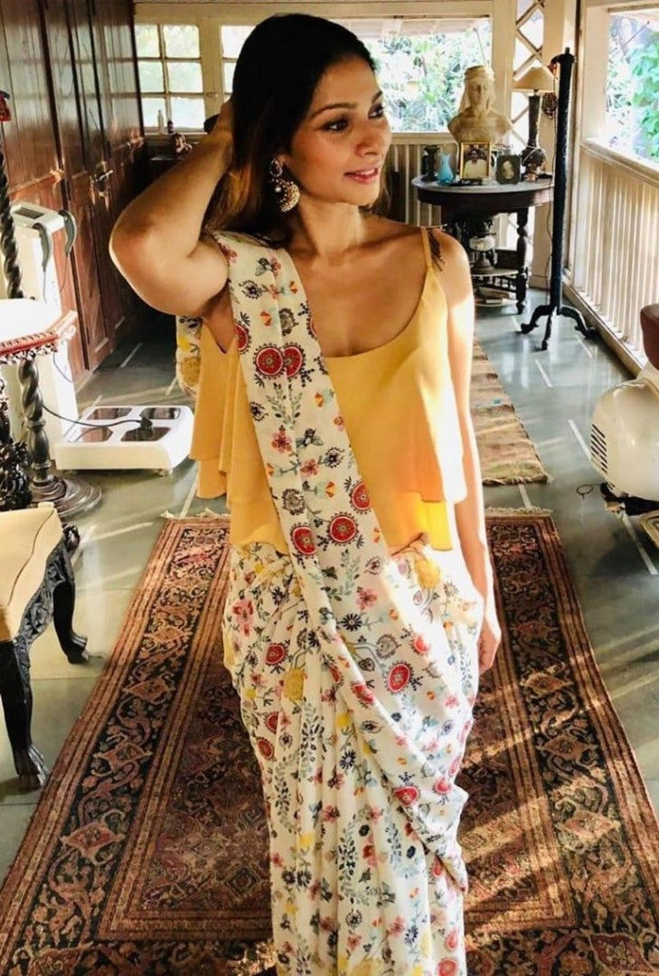 white chanderi cotton beautiful multicolor printed saree