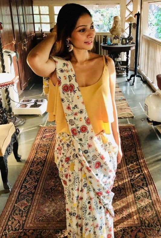 white chanderi cotton beautiful multicolor printed saree