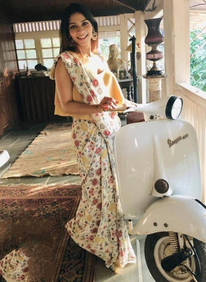 white chanderi cotton beautiful multicolor printed saree