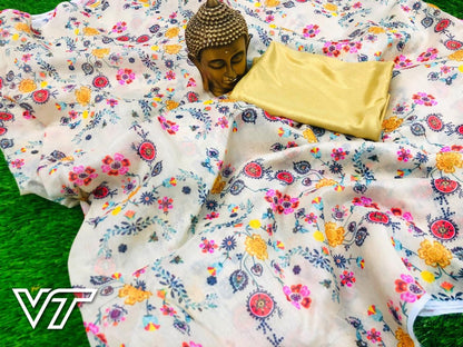 white chanderi cotton beautiful multicolor printed saree