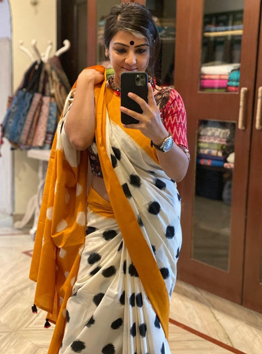White chanderi cotton big dot printed saree